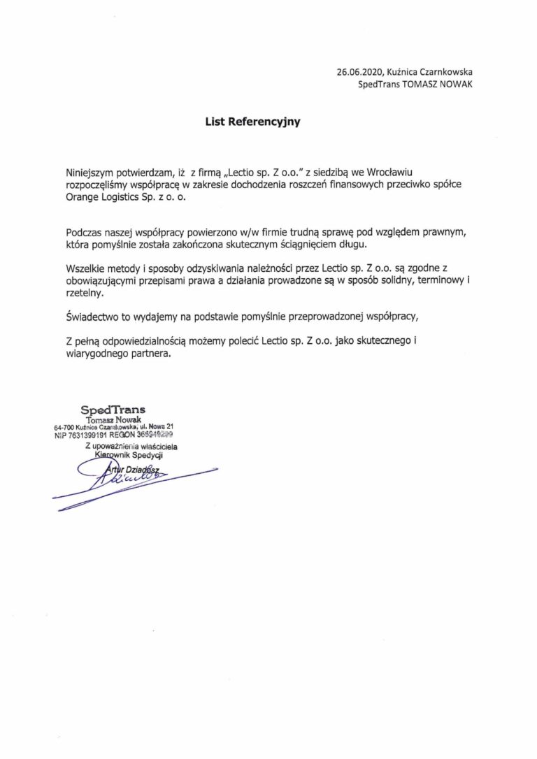 List referencyjny: Artur Dziadosz