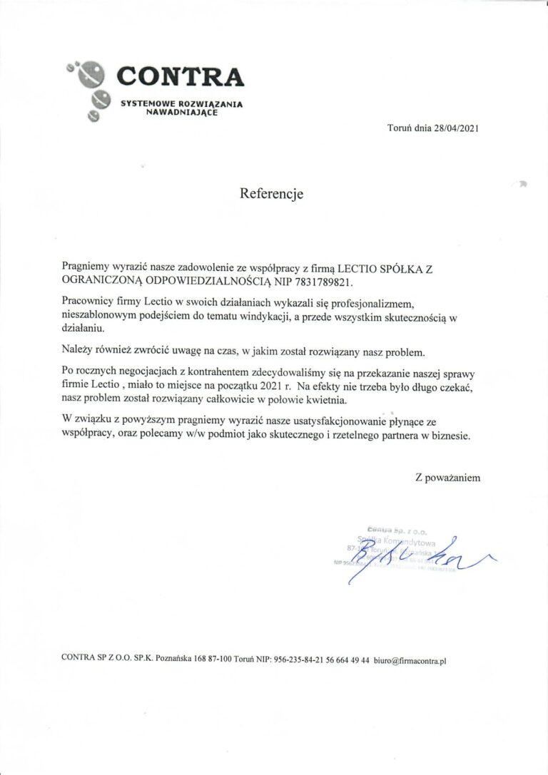 List referencyjny: CONTRA Sp. z o.o. Sp.k.
